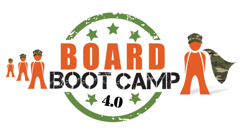 Board Boot Camp 4.0 in a faded green ring with stars circling the words. To the left of the circle are three orange humanoid figures of various sizes with their arms behind them all wearing the same camouflage hat. To the right of the circle is a single orange superhero wearing a camouflage had and cape.