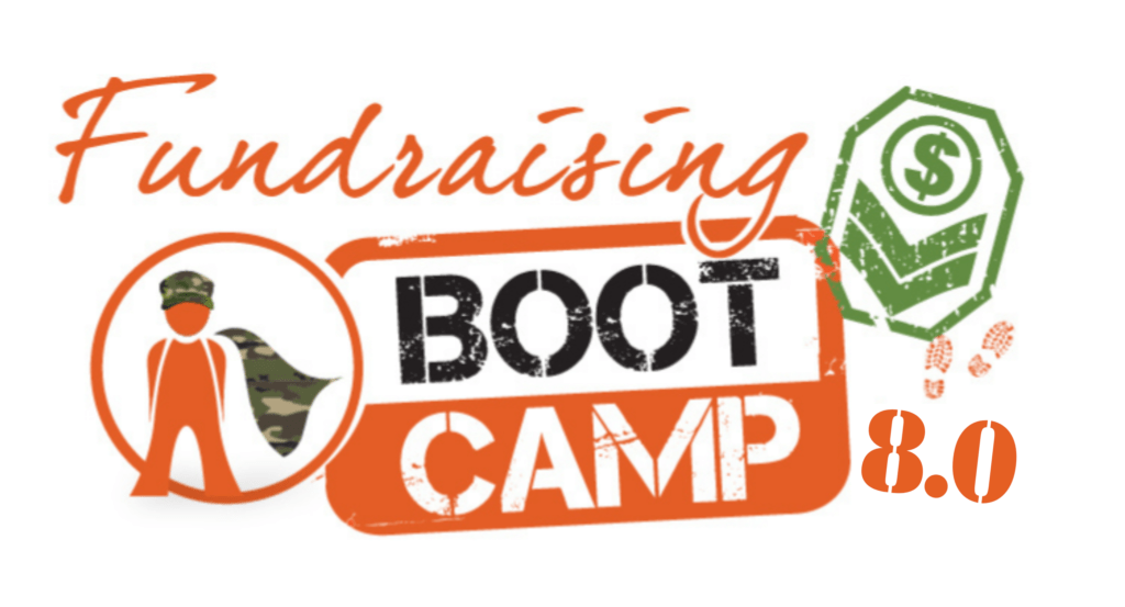 Fundraising Boot Camp 8.0 with a superhero wearing a camouflage hat and cape on the left side and a military badge with a money sign and boot prints in the upper right corner