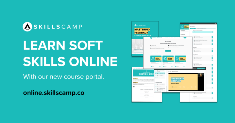 On the left side of the graphic is the text SkillsCamp. Learn soft skills online with our new course portal. online.skillscamp.co. On the right side of the image is a collection of five screen grabs of the new portal.