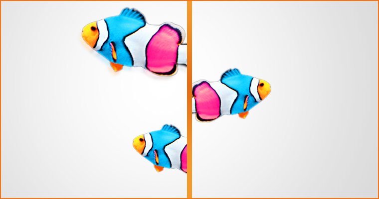 Three rainbow fish of different sizes, two facing left and one facing right, attached to a pole through the center.